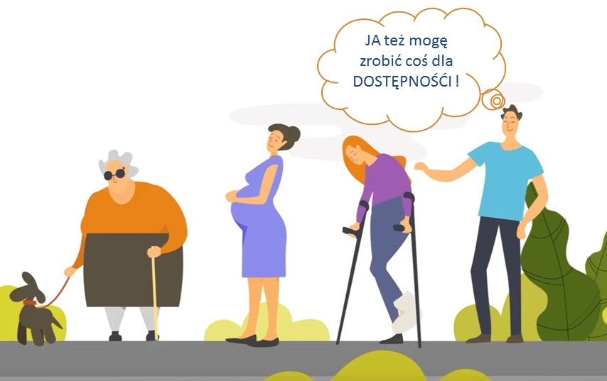 Rysunek przedstawiajający 4 osoby, od lewej starsza kobieta z laską, kobieta w ciąży, konieta o kulach i młody mężczyzna. Nad głową mężczyzny znajduje się dymek o treści "Ja też mogę zrobić dla dostępności!"