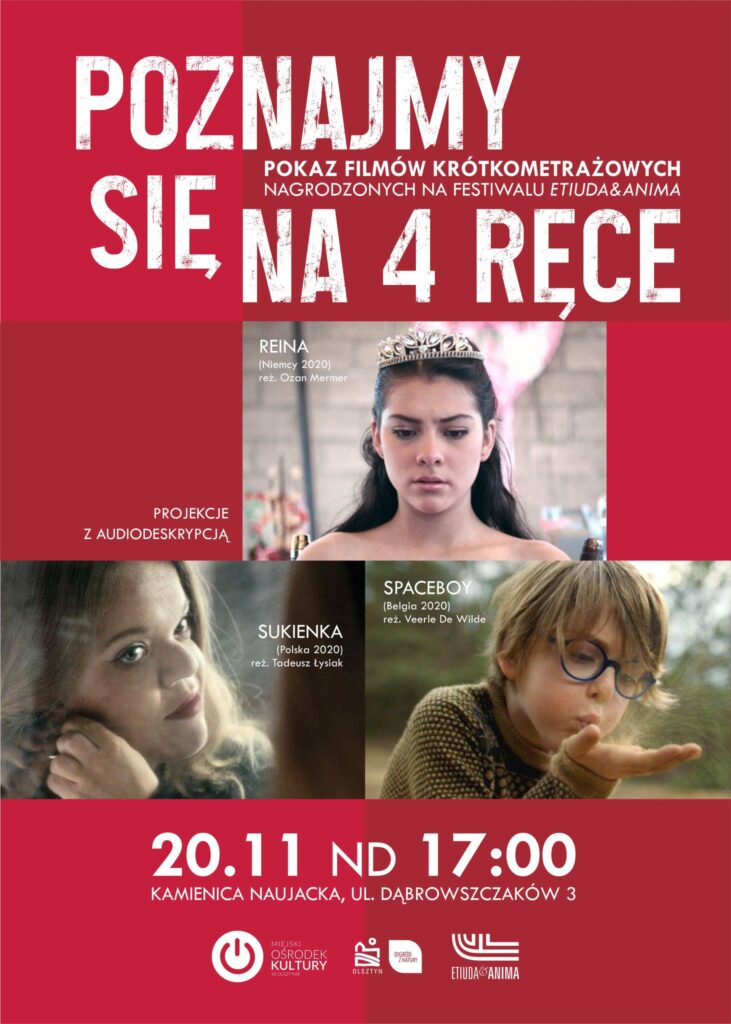 Plakat informacyjny o seansie z audiodeskrypcją, odbywającym się w niedziele 20 listopada o godz. 17 w Miejski Ośrodek Kultury.