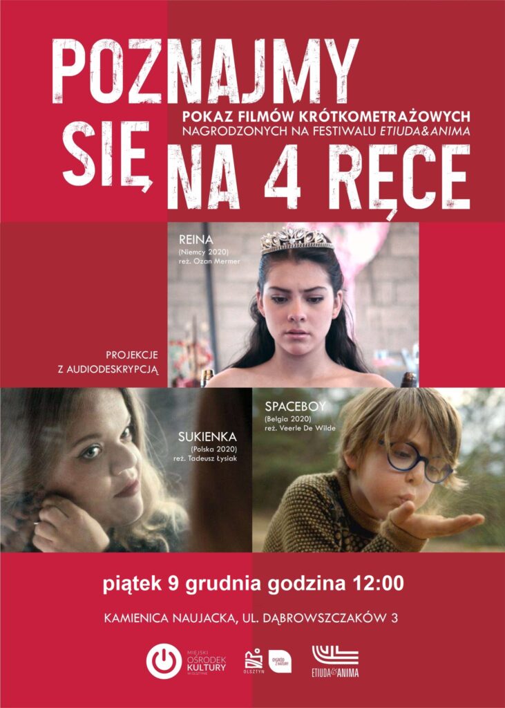 Plakat informujący o spotkaniu z filmem z audiodeskrypcją. 9 grudnia o 12.00 w OśrodkuKultury ul. Dąbrowszczaków 3