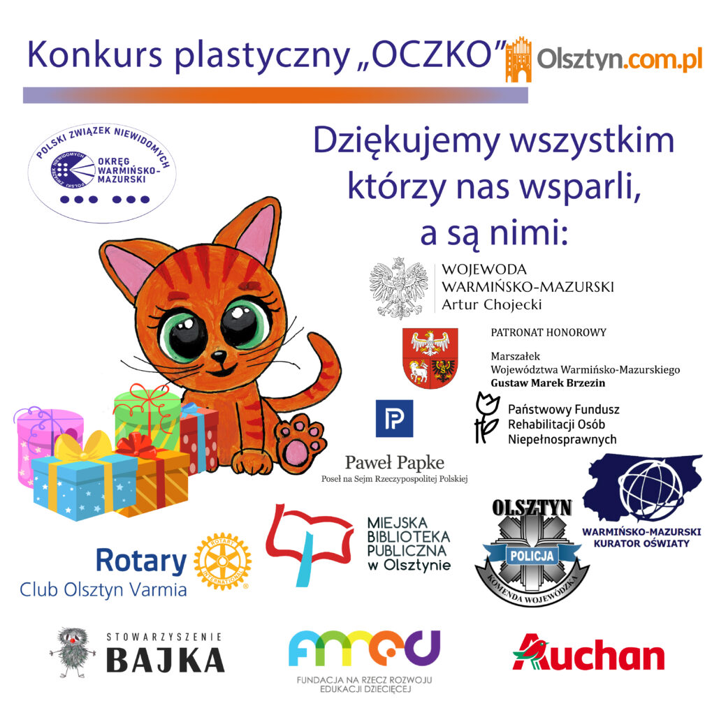 Plakat informacyjny o instytucjach i osobach, które wsparły nagrodami w konkursie OCZKO. Wszyscy są wymienieni w artykule.