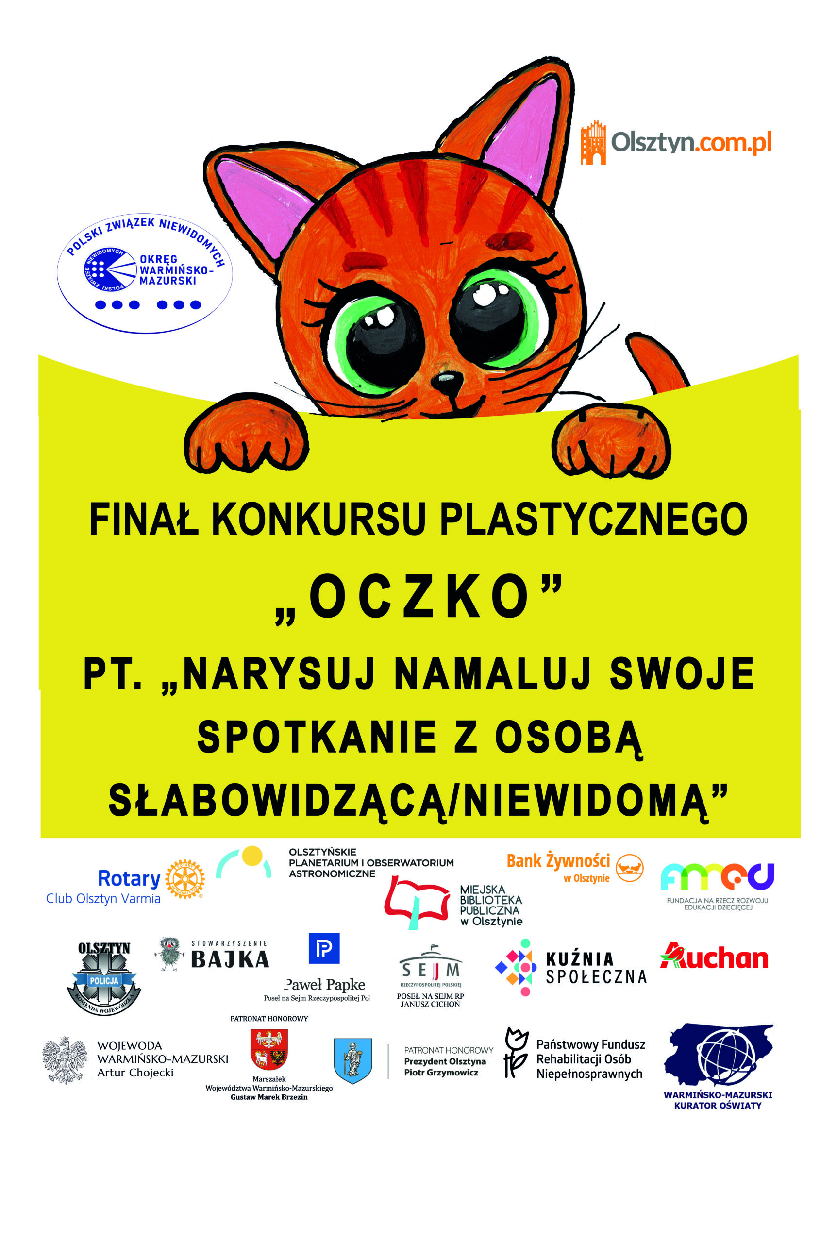Plakat informacyjny o podsumowaniu konkursu plastycznego "OCZKO" na dole logotypy instytucji wspierających działanie