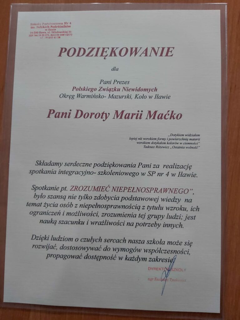 Dyplom dla Pani Doroty Maćko Prezes Koła PZN w Iławie za przeprowadzone spotkanie w szkole podstawowej