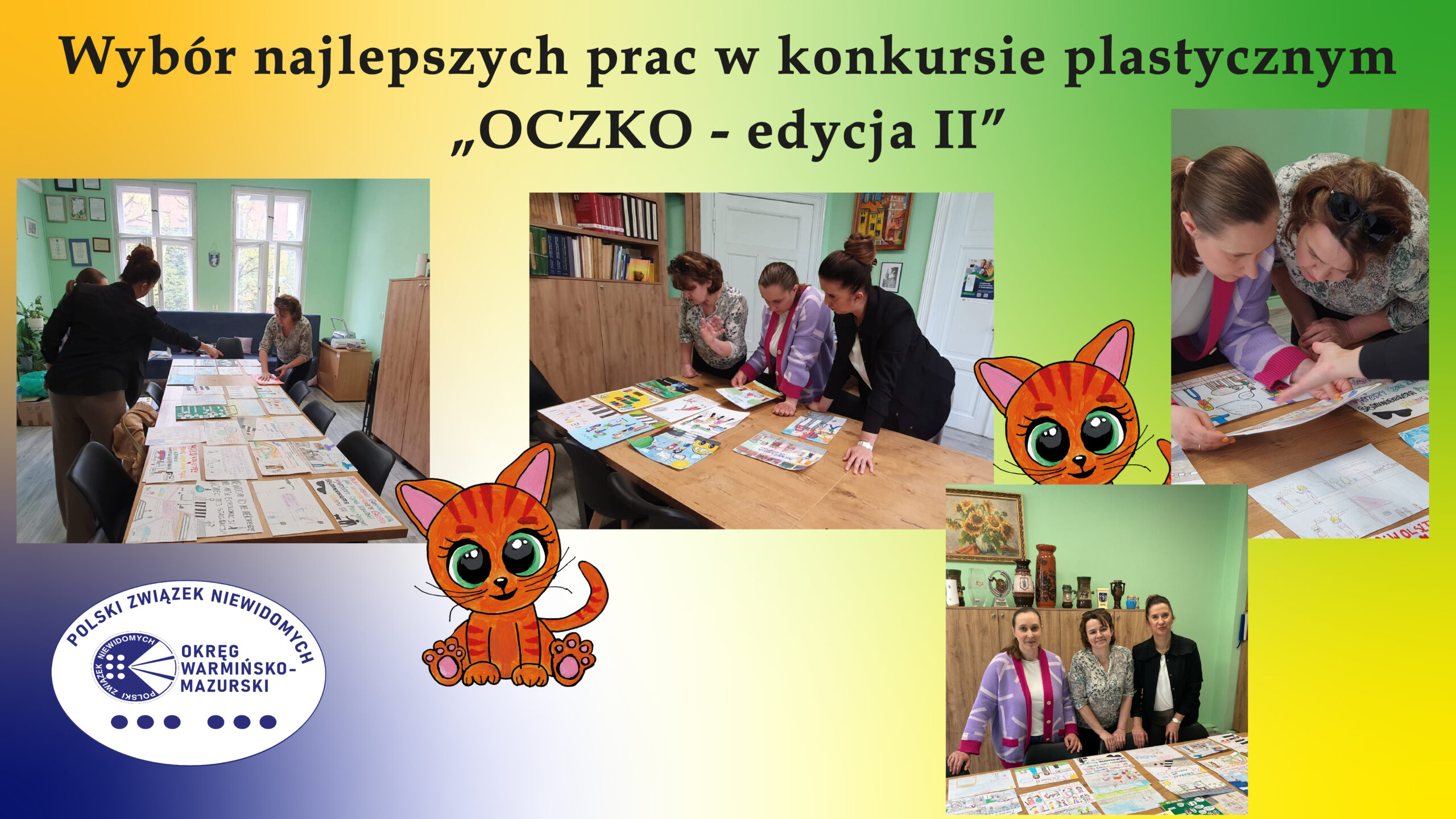 Grafika z 4 zdjęciami na których komisja konkursowa wybiera najlepsze prace konkursowe. W lewym dolnym logo logo PZNOWM oraz kotek.